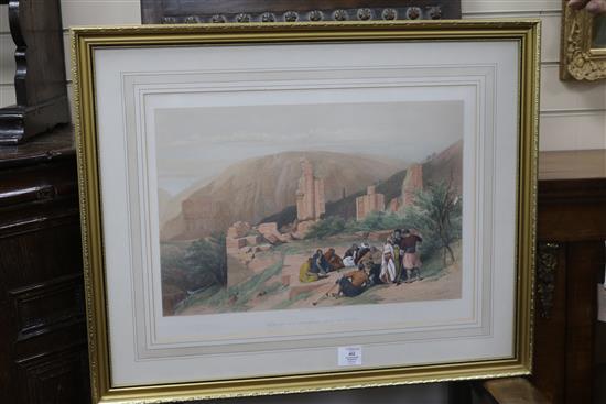 After David Roberts, 2 colour lithographs, Descent upon The Valley of Jordan and Remains of a Triumphant Arch at Petra overall 40 x 53c